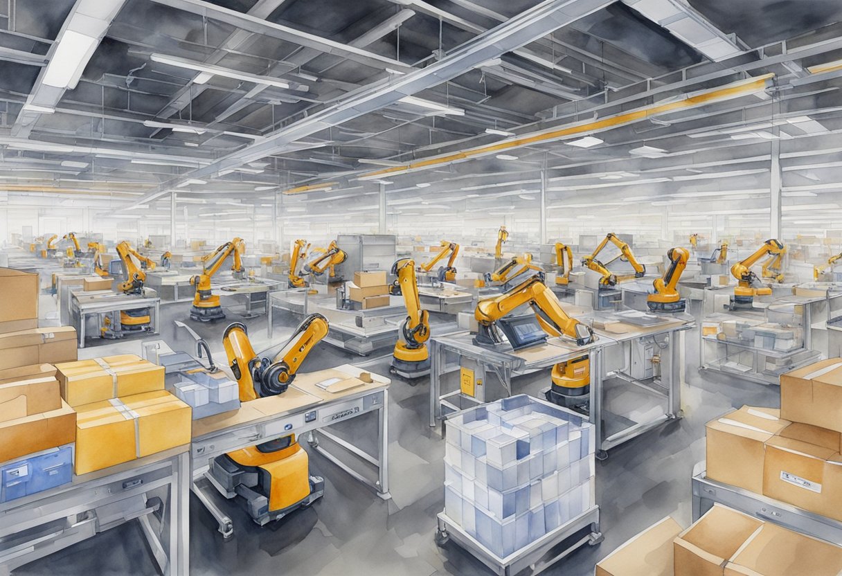 Robotic arms swiftly sort and pack items in an Amazon fulfillment center, showcasing the efficiency of the company's automation services