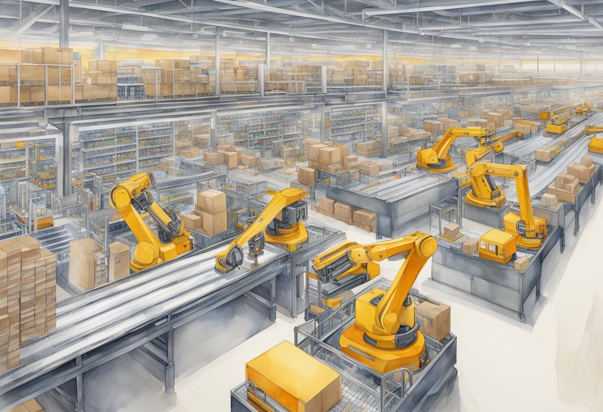 Robotic arms assemble packages in an Amazon fulfillment center, while automated conveyor belts transport goods