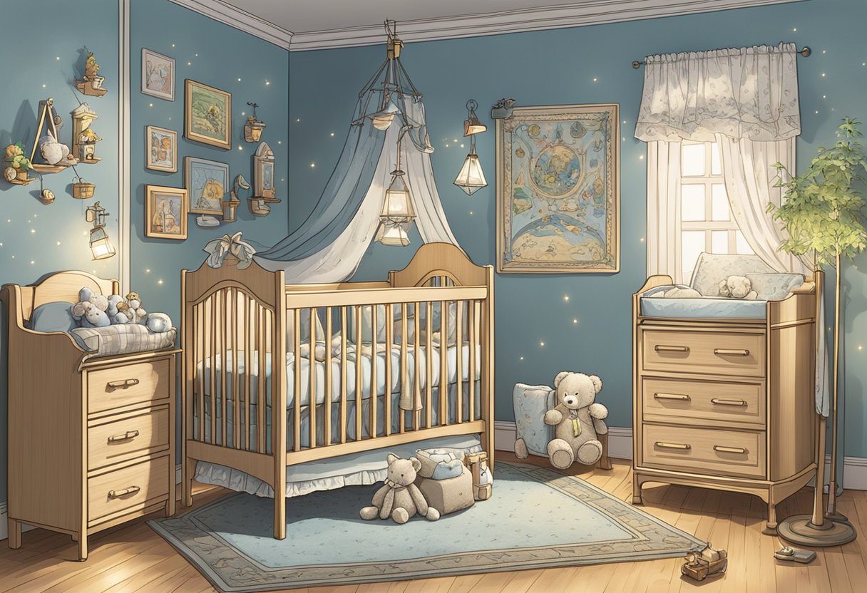 A crib with the name "Frederick" written on a plaque. Toys scattered around and a mobile hanging above
