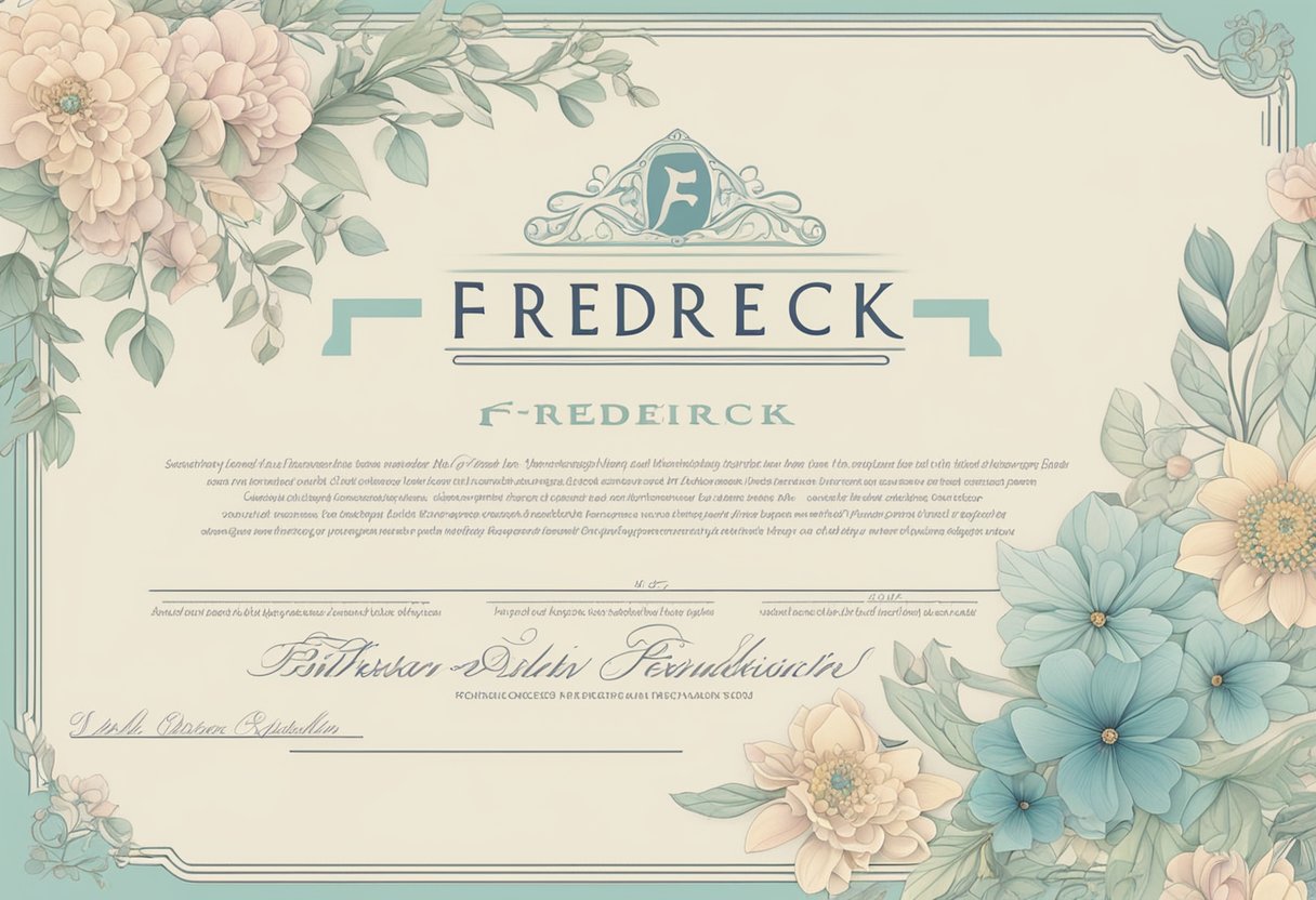 A baby name "Frederick" displayed prominently on a birth certificate, surrounded by delicate floral patterns and soft pastel colors