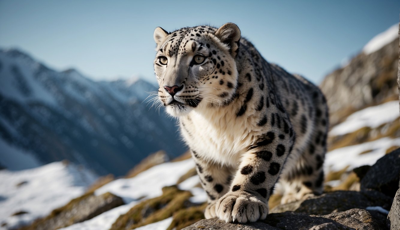 A snow leopard effortlessly scales a steep mountain slope, its powerful legs and agile body navigating the rugged terrain with ease