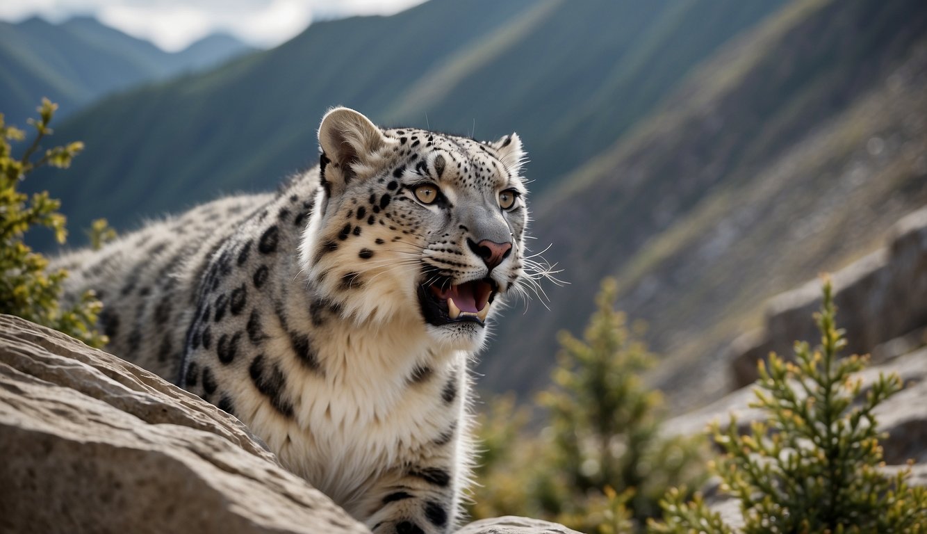 Snow leopards roam the rugged mountain terrain, displaying their social behavior through playful interactions and grooming.

They navigate steep cliffs with agility, showcasing their exceptional mountain skills