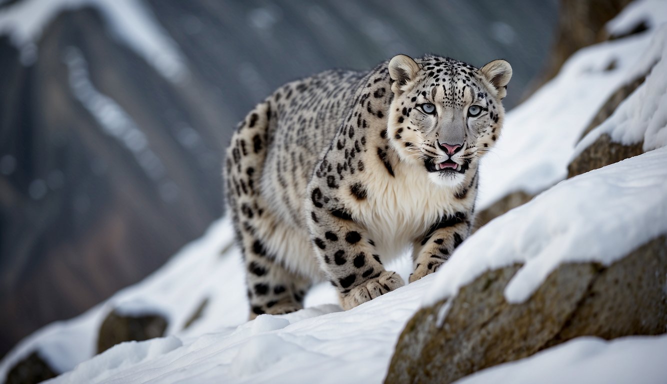 Snow leopards skillfully navigate steep mountain terrain, blending into the snowy landscape with their spotted fur.

They cautiously observe their surroundings, ready to pounce on unsuspecting prey