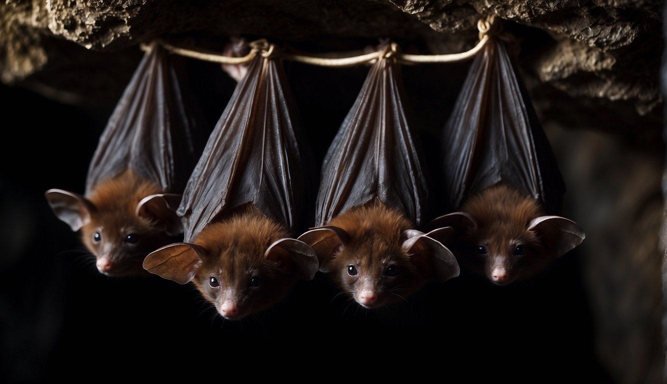Bats hang upside down in a dark cave, their wings folded tightly against their bodies.

The dim light reveals their furry bodies and pointed ears