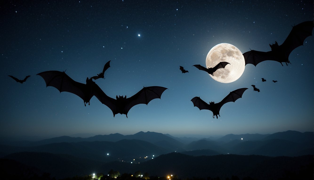Bats soar through the night sky, their wings outstretched.

Some hang upside down, their bodies silhouetted against the moonlit sky