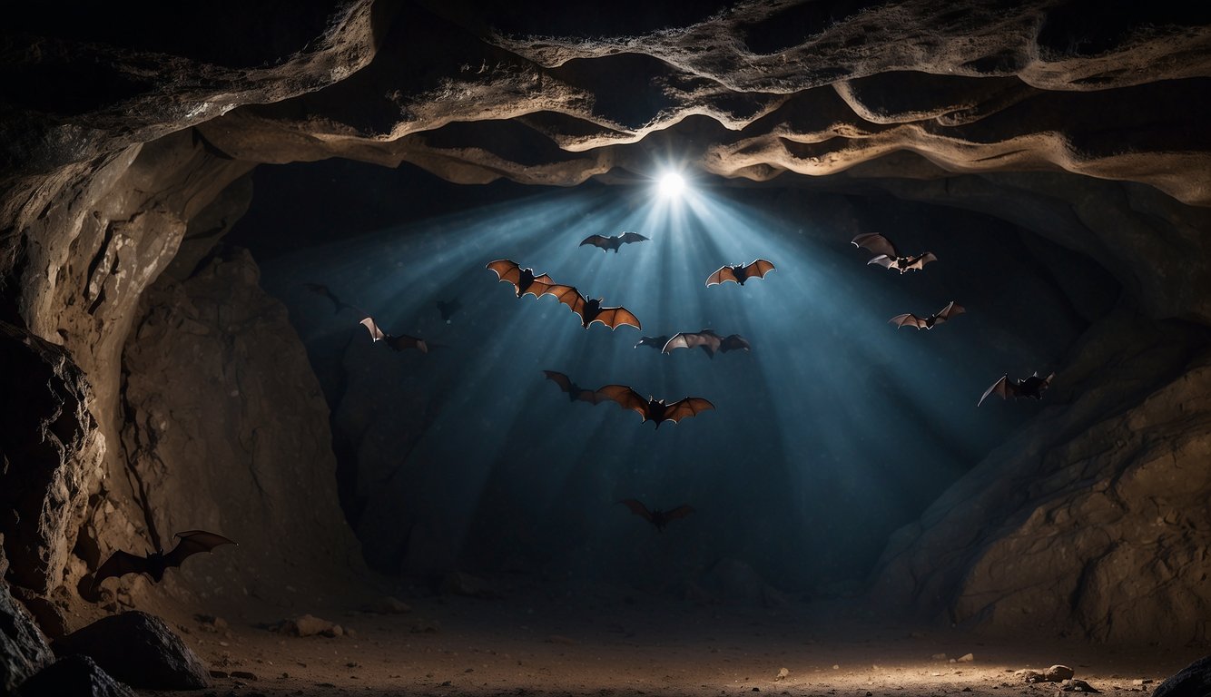 Bats hang upside down in a dark cave, surrounded by shadows and the faint glimmer of moonlight filtering through the cracks in the ceiling