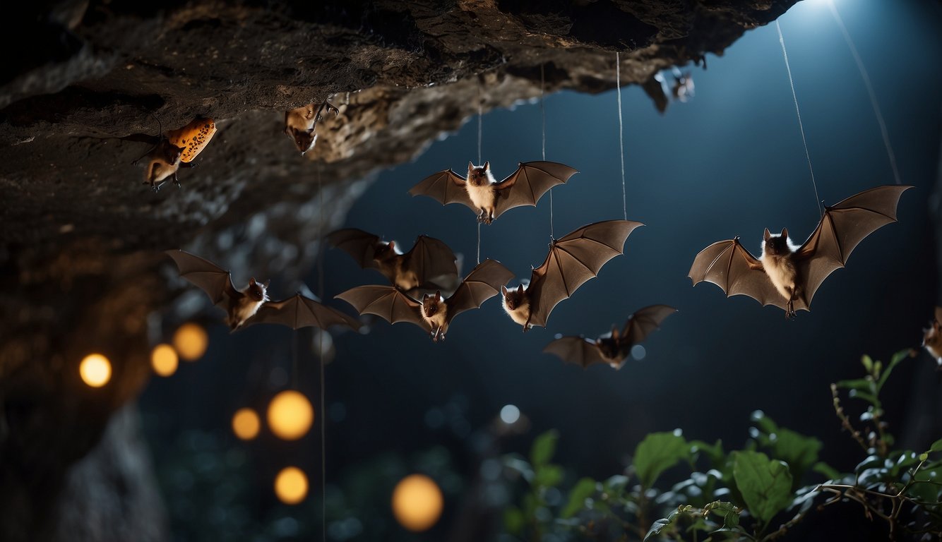 Bats hanging upside down in a dark cave, surrounded by insects and small animals.

The bats are feeding on the insects, illustrating their impact on the ecosystem
