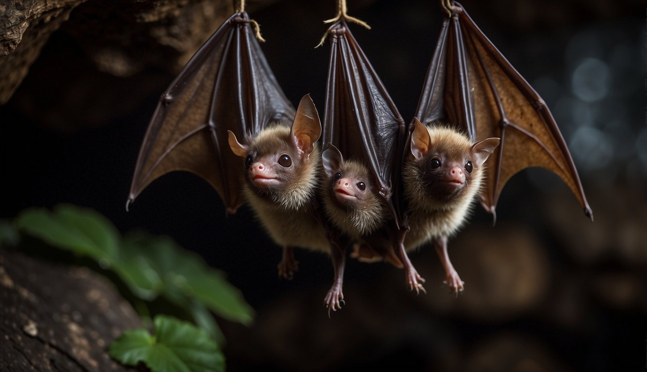 Bats hanging upside down in a dark cave, their wings folded tightly against their bodies, while their sharp ears and small eyes are alert and attentive