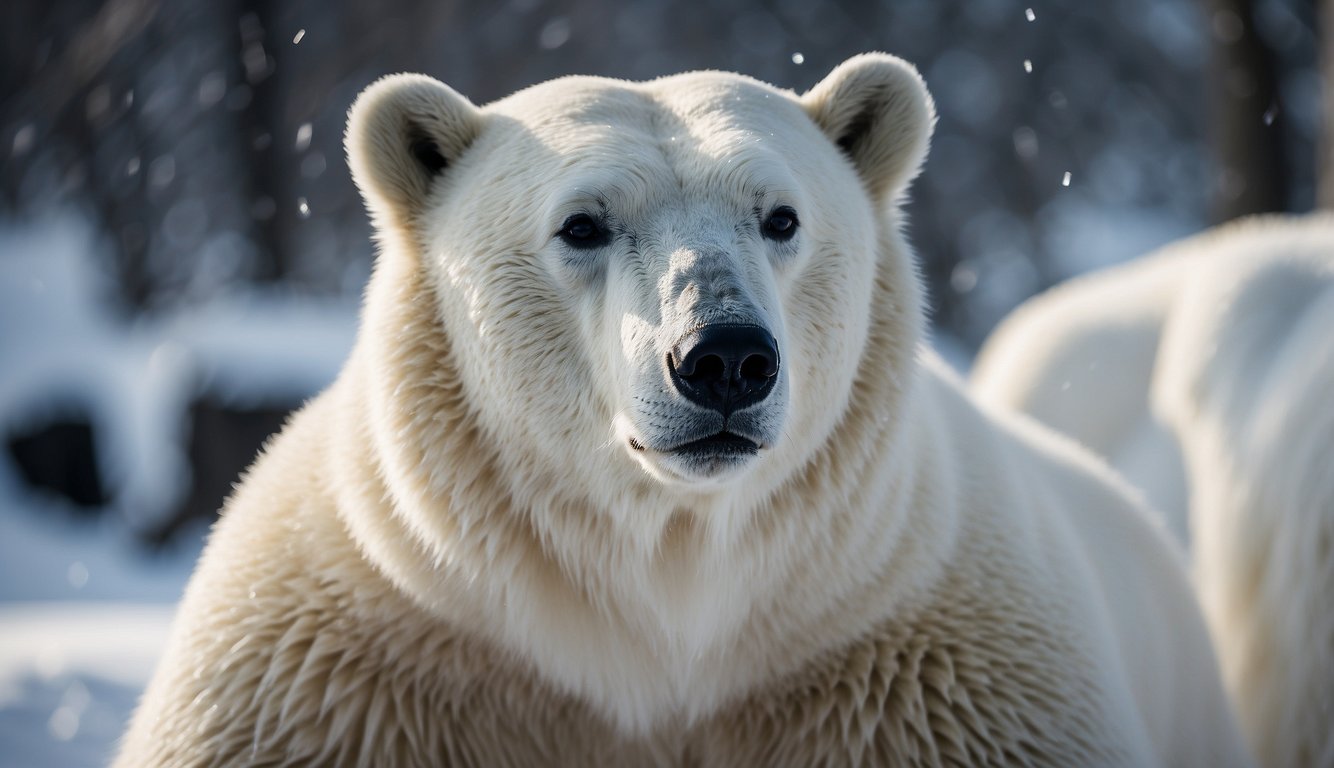 A polar bear huddles in a thick, white coat, surrounded by snow and ice, with its fur fluffed up to trap heat and keep warm