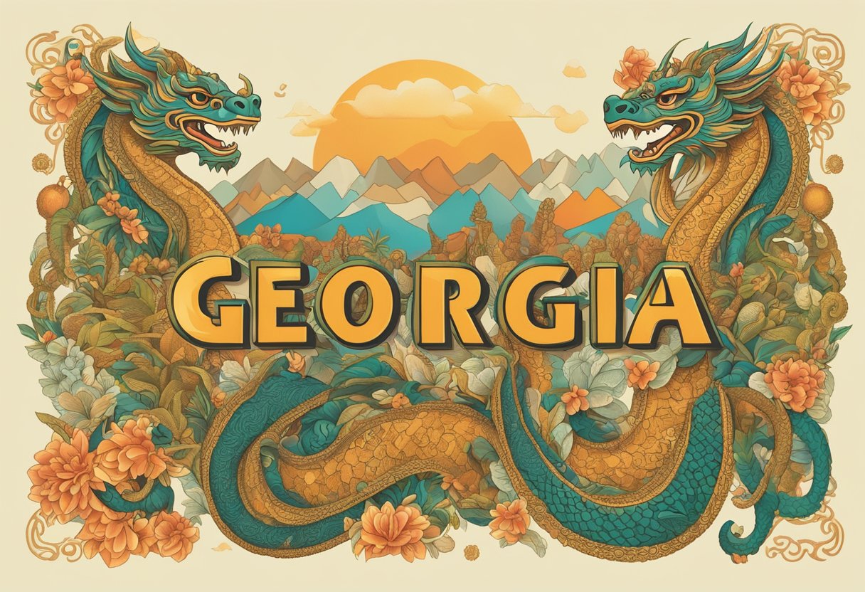 Georgia's name in bold letters, surrounded by diverse cultural symbols: a Chinese dragon, Indian henna, African mask, and Mexican maracas