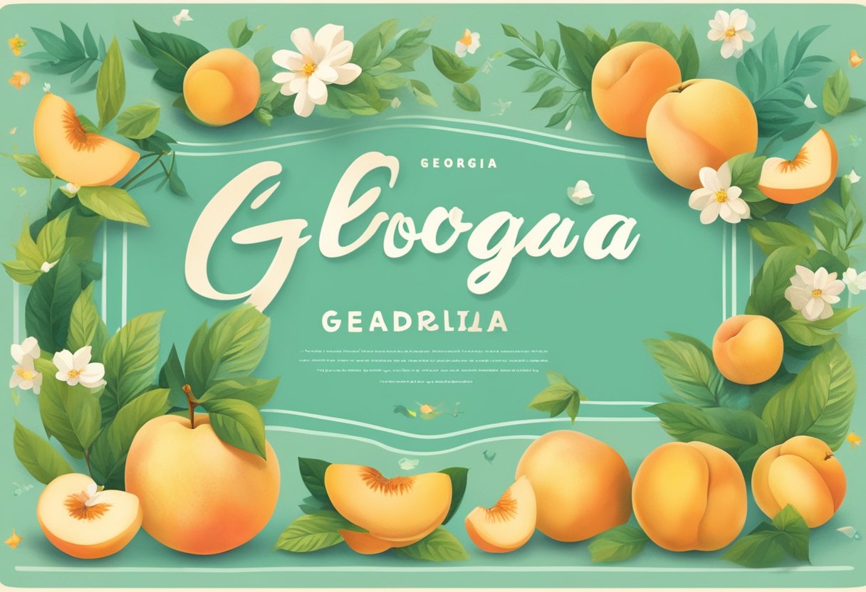 A baby name "Georgia" displayed on a colorful banner with playful fonts, surrounded by cute and whimsical illustrations of peaches and state symbols