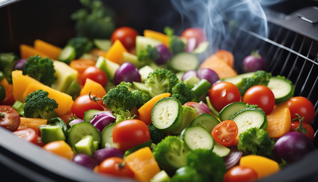 A colorful array of fresh vegetables and lean proteins sizzling in an air fryer, emitting a tantalizing aroma of healthy and delicious cuisine