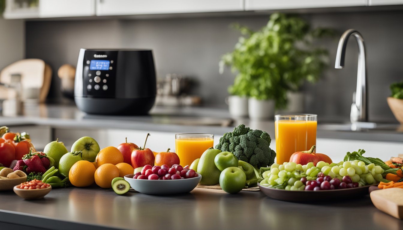 A colorful array of fresh fruits and vegetables, alongside lean proteins and whole grains, are spread out on a clean, modern kitchen countertop, ready to be transformed into delicious and healthy air fryer recipes