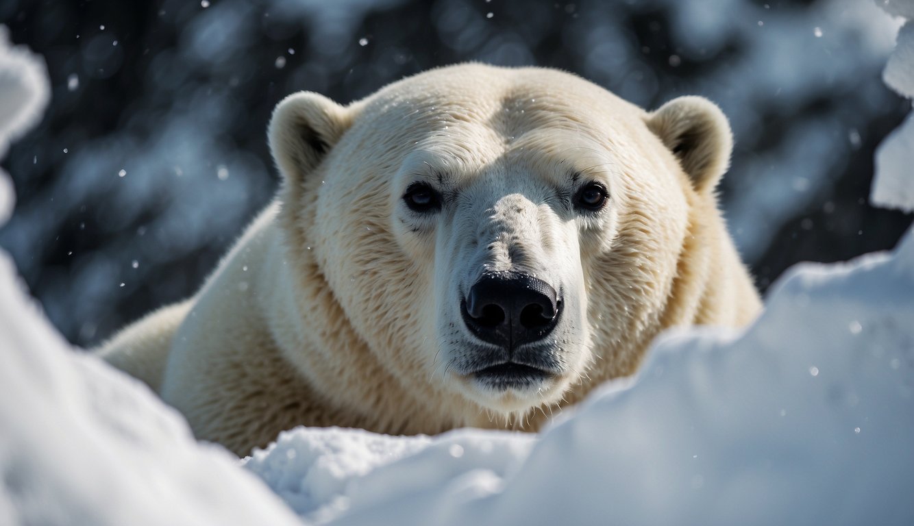 A polar bear huddles in a snowy den, surrounded by thick layers of fur.

Snowflakes fall gently outside, while the bear's body radiates warmth, creating a cozy and insulated scene