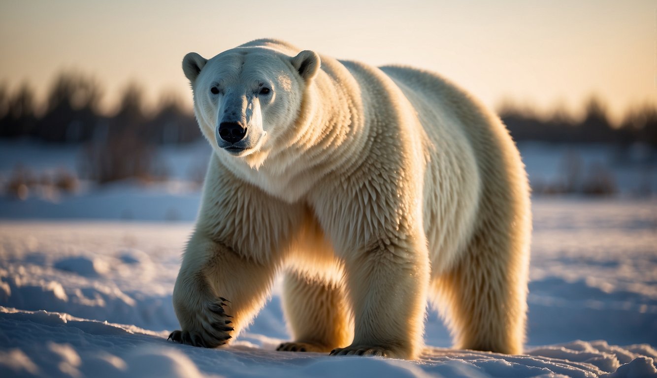 A polar bear stands on a snowy landscape, its thick and insulating fur glistening in the sunlight.

The bear's coat is thick and white, providing excellent camouflage against the snow