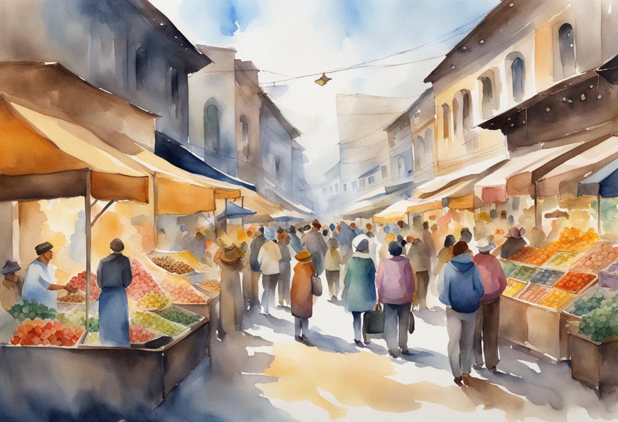 A bustling marketplace with unique, specialized products and enthusiastic customers browsing through the diverse selection of goods