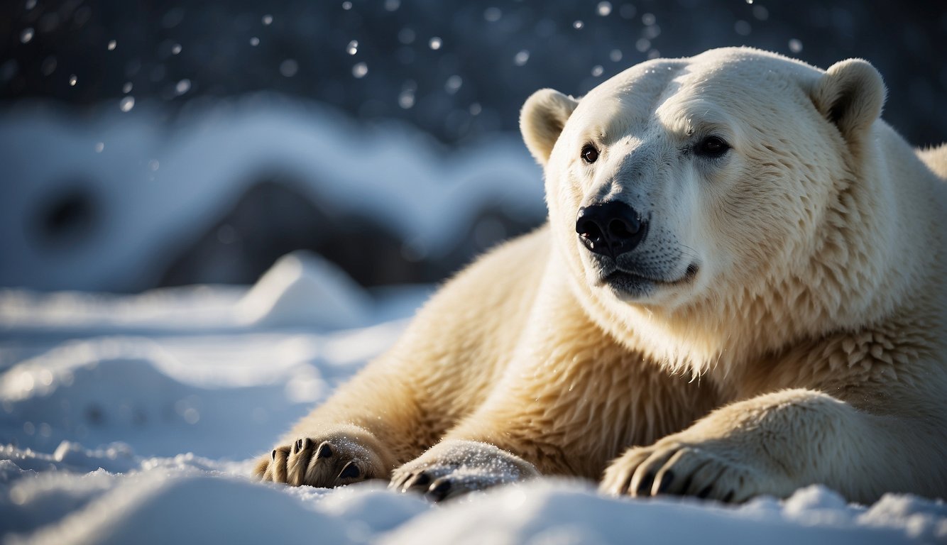 A polar bear lounges in the Arctic snow, its thick coat glistening with icy droplets, as it basks in the warmth of the sun