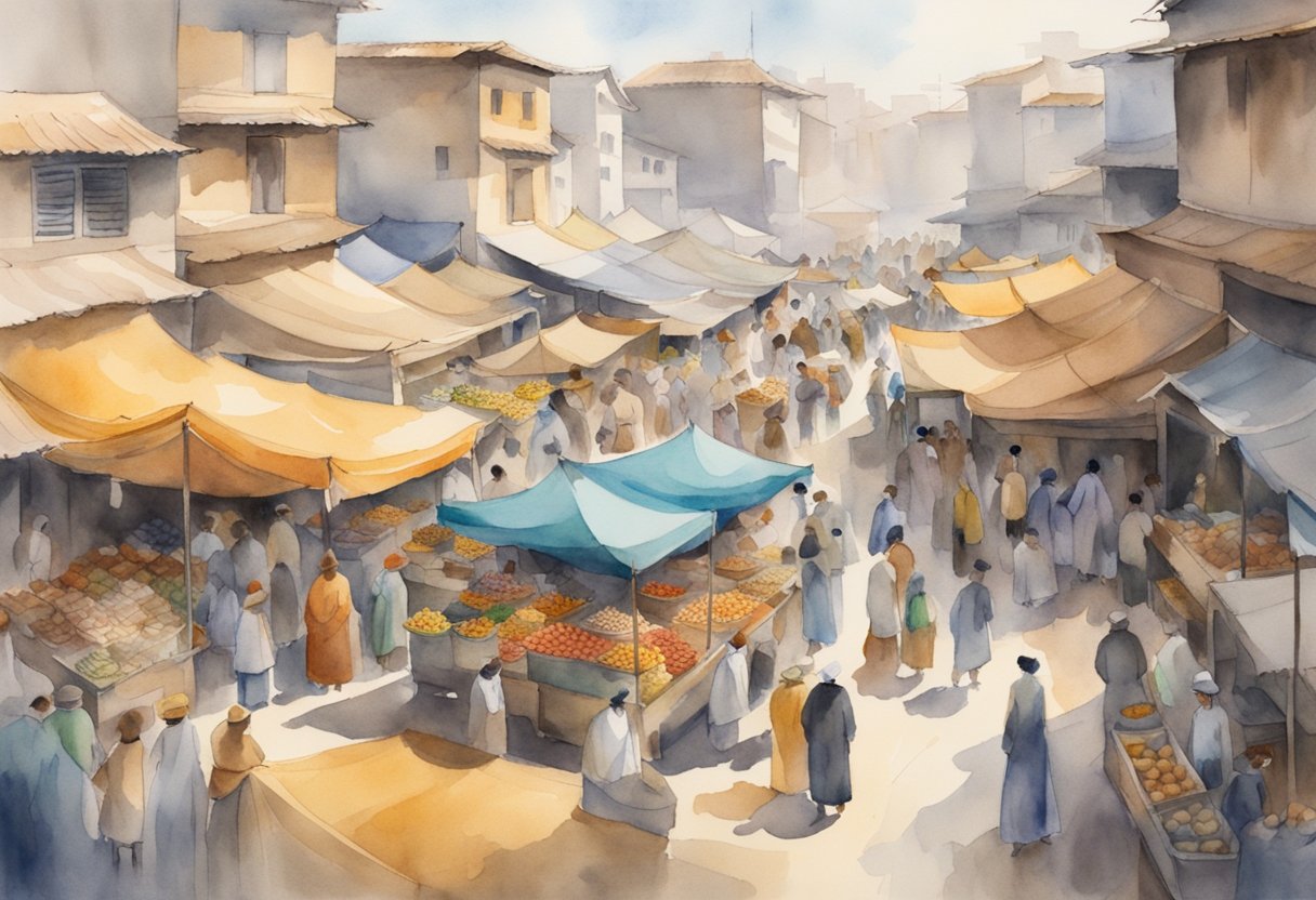 A crowded marketplace with various stalls selling niche products, with people flocking to specific areas of interest