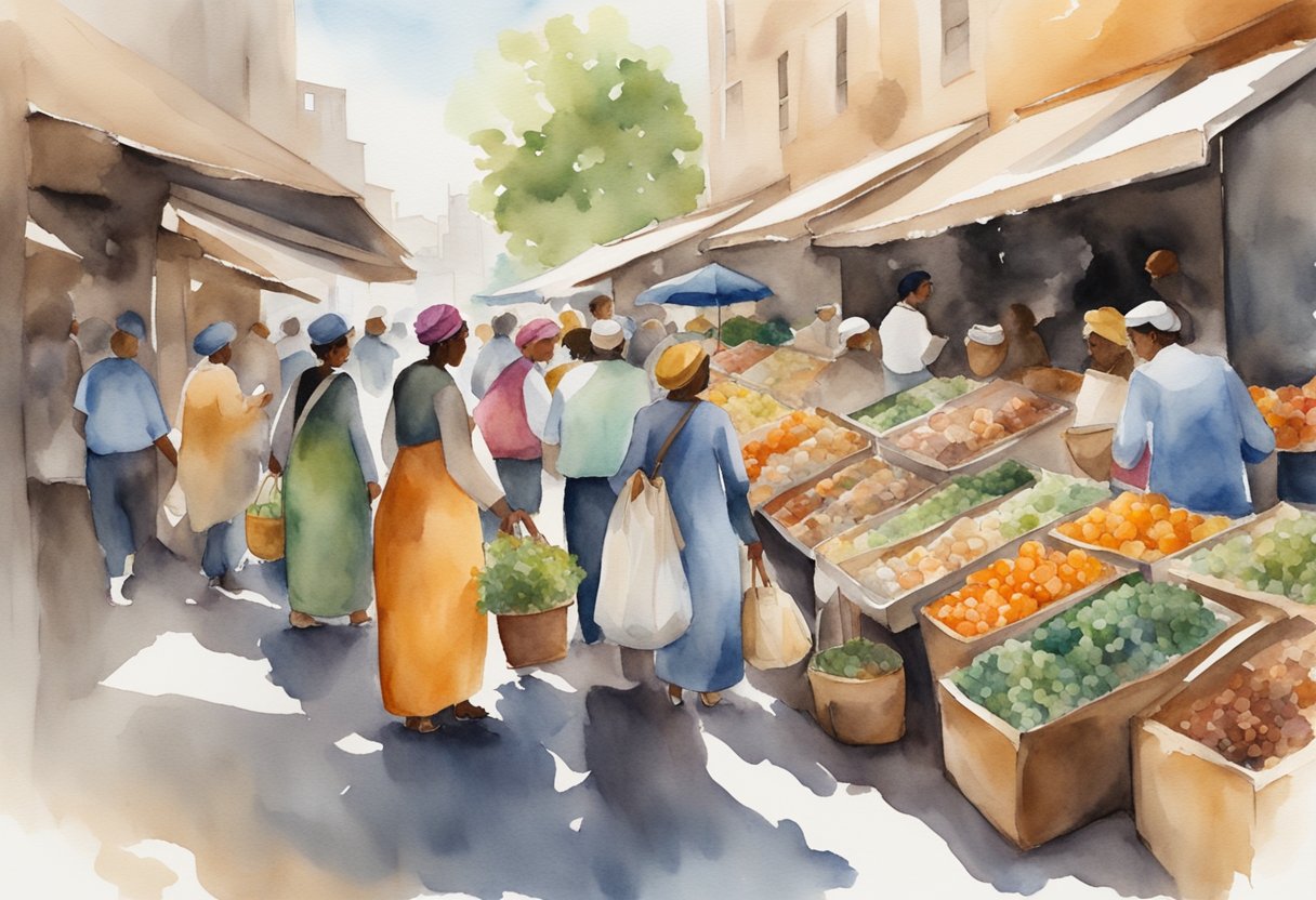 A bustling marketplace with diverse products and customers. Vendors engaging with potential buyers, showcasing unique and niche items. Excitement and curiosity fill the air