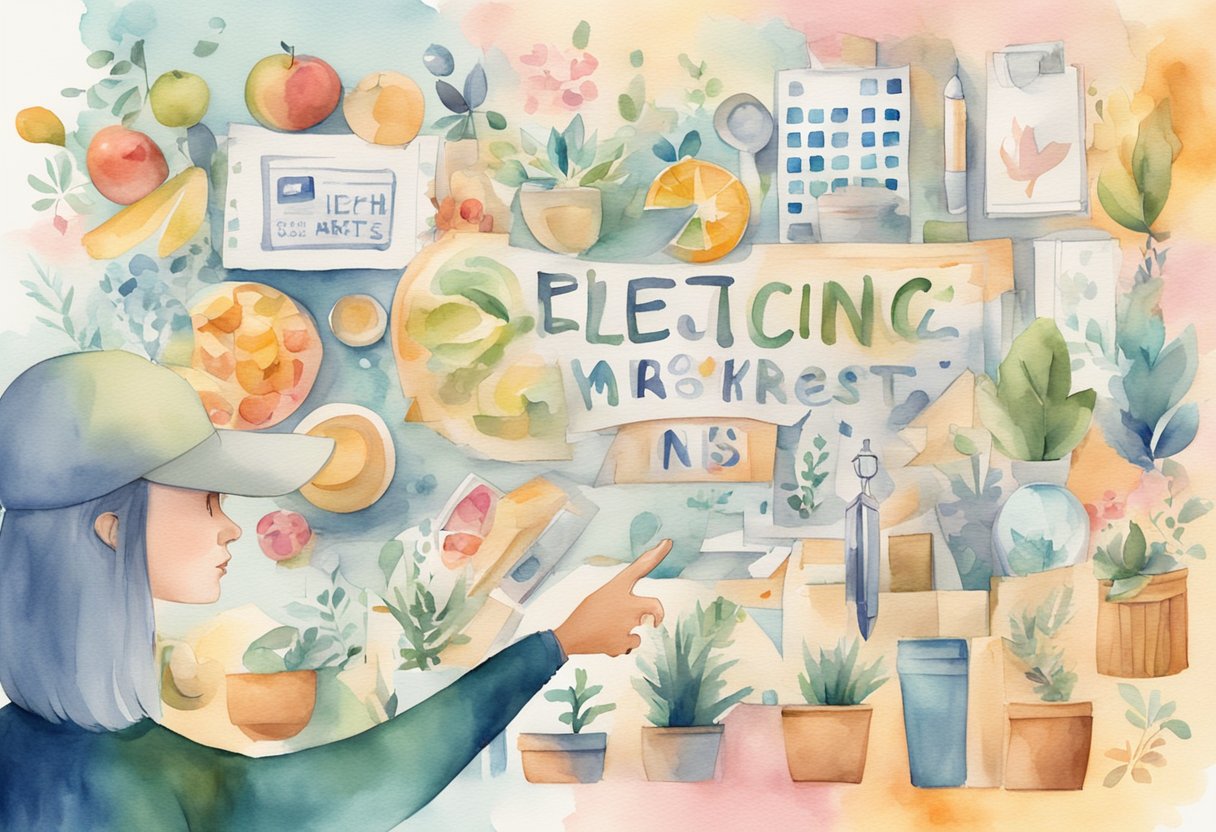 A person pointing to a sign that reads "Selecting Your Niche best niche markets" surrounded by various market products and symbols