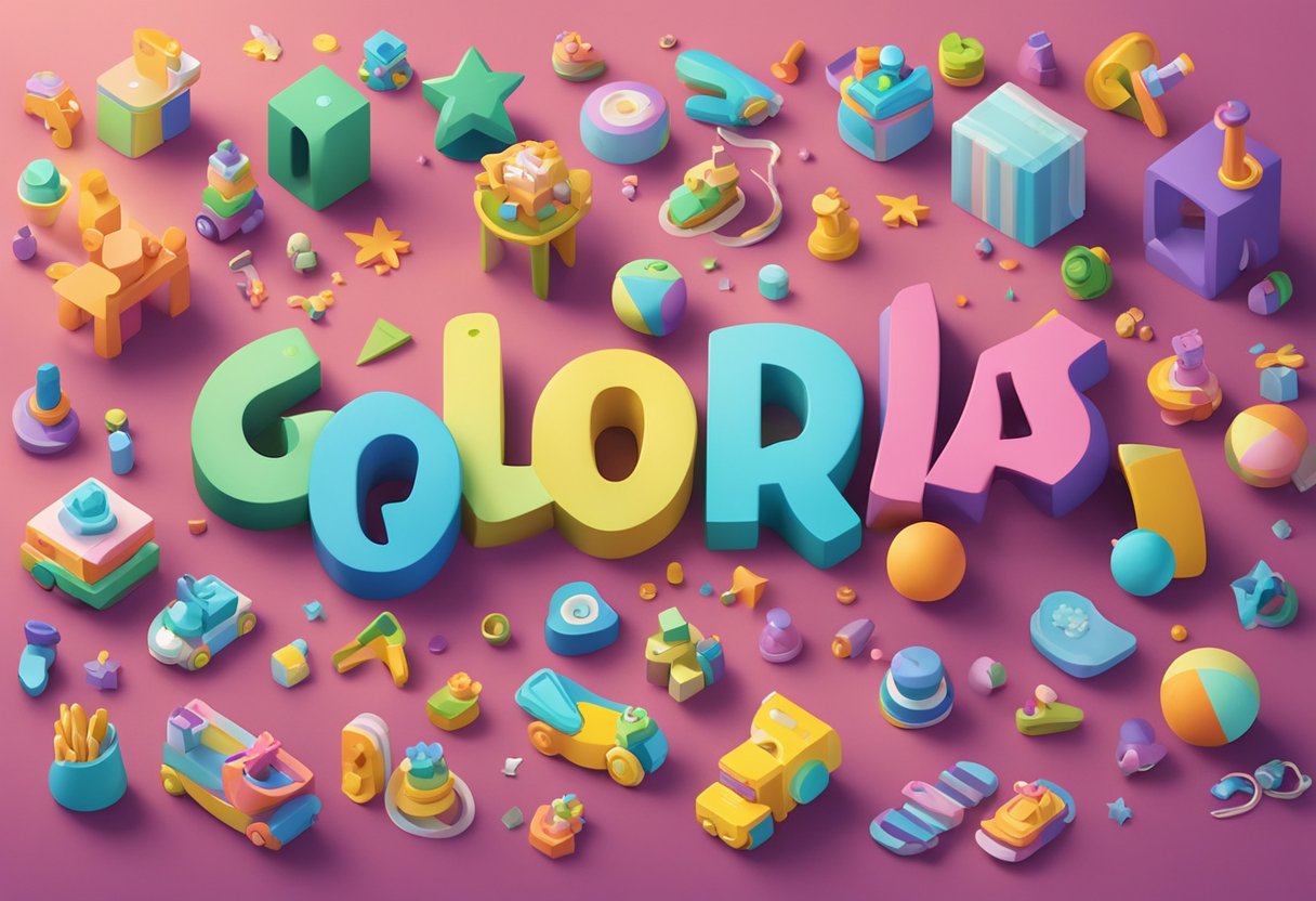 Gloria's name written in colorful, playful letters surrounded by toys and baby items