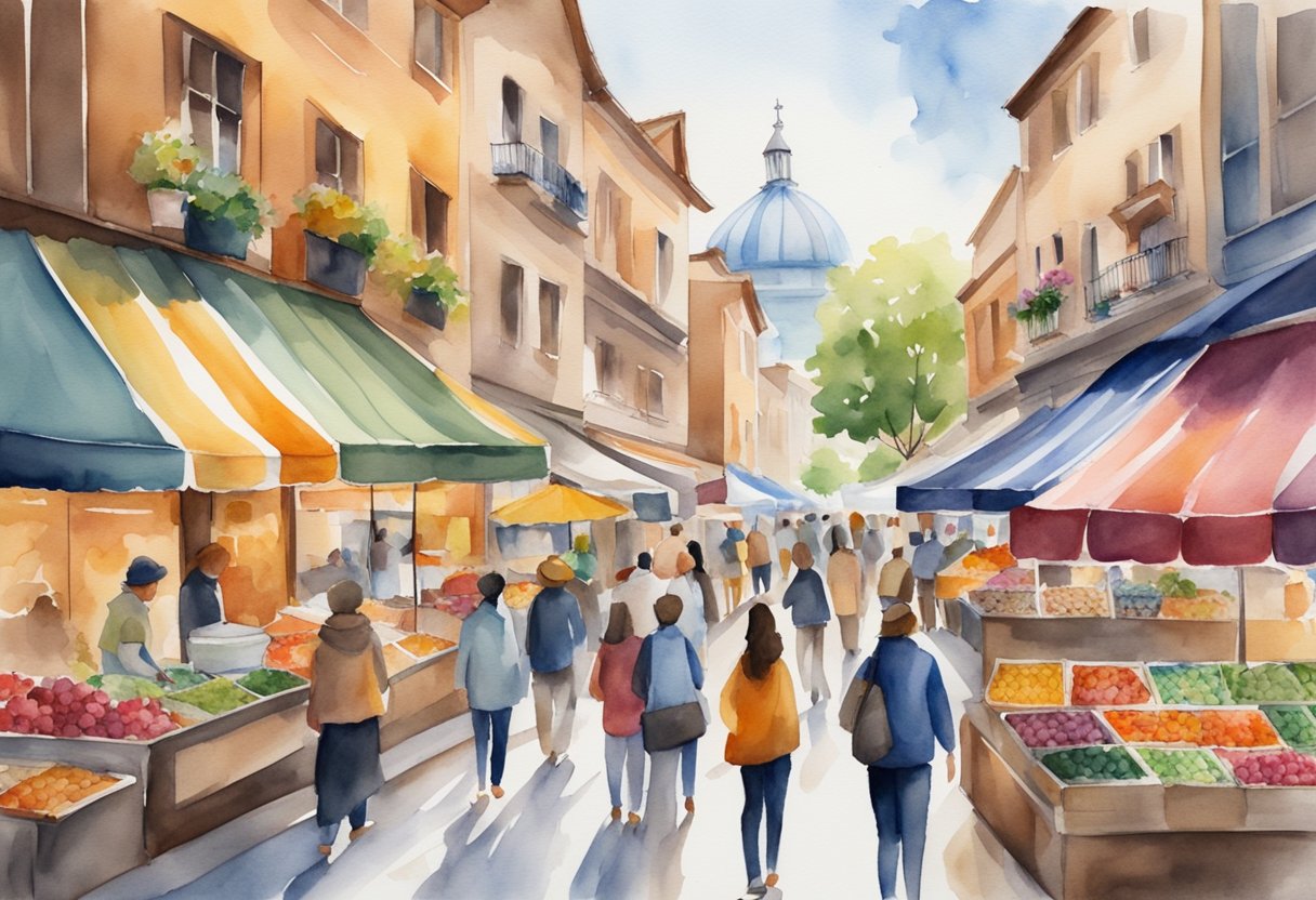 A bustling marketplace with diverse products and vibrant branding, attracting niche consumers. Bold signage and engaging displays highlight unique selling points