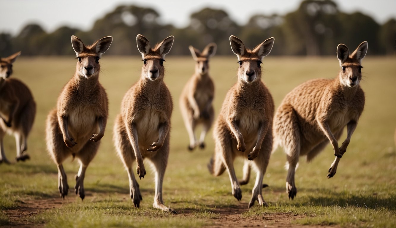 A group of kangaroos leaping gracefully across the open plains, showcasing their incredible jumping abilities with powerful hind legs and strong tails