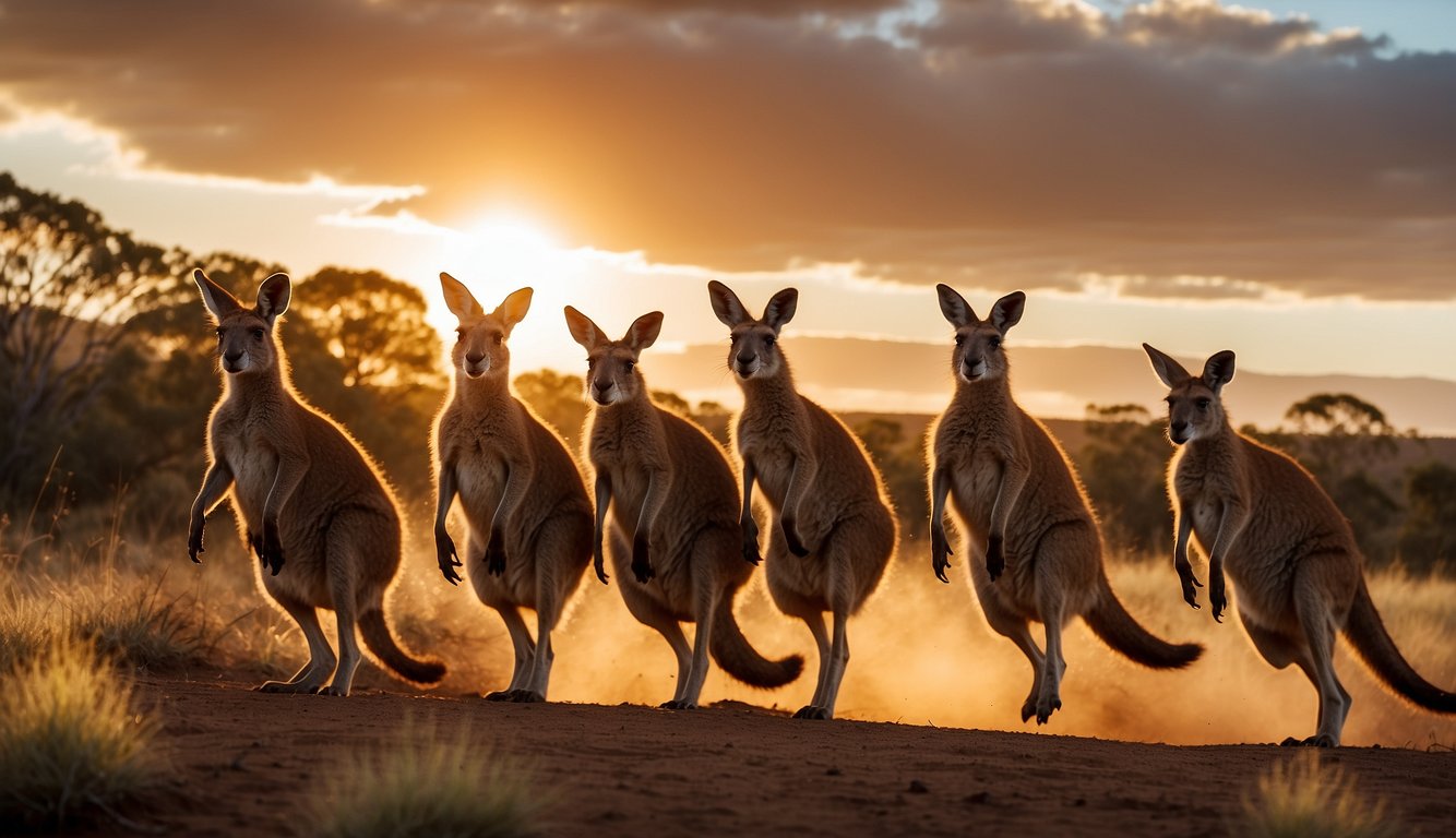 A group of kangaroos gracefully leap across the Australian outback, showcasing their incredible jumping abilities.

The sun sets behind them, casting a warm glow over the rugged landscape