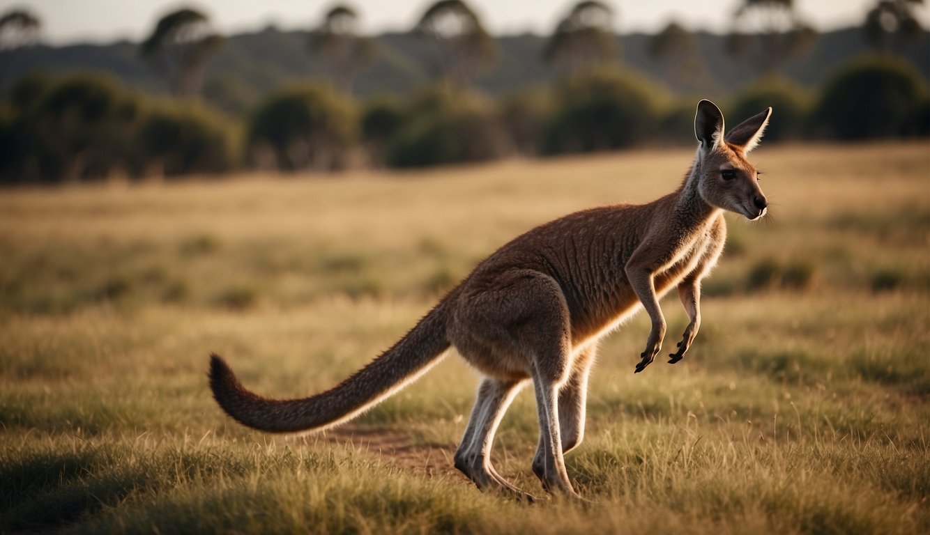 A kangaroo leaps gracefully across an open field, its powerful hind legs propelling it through the air with ease