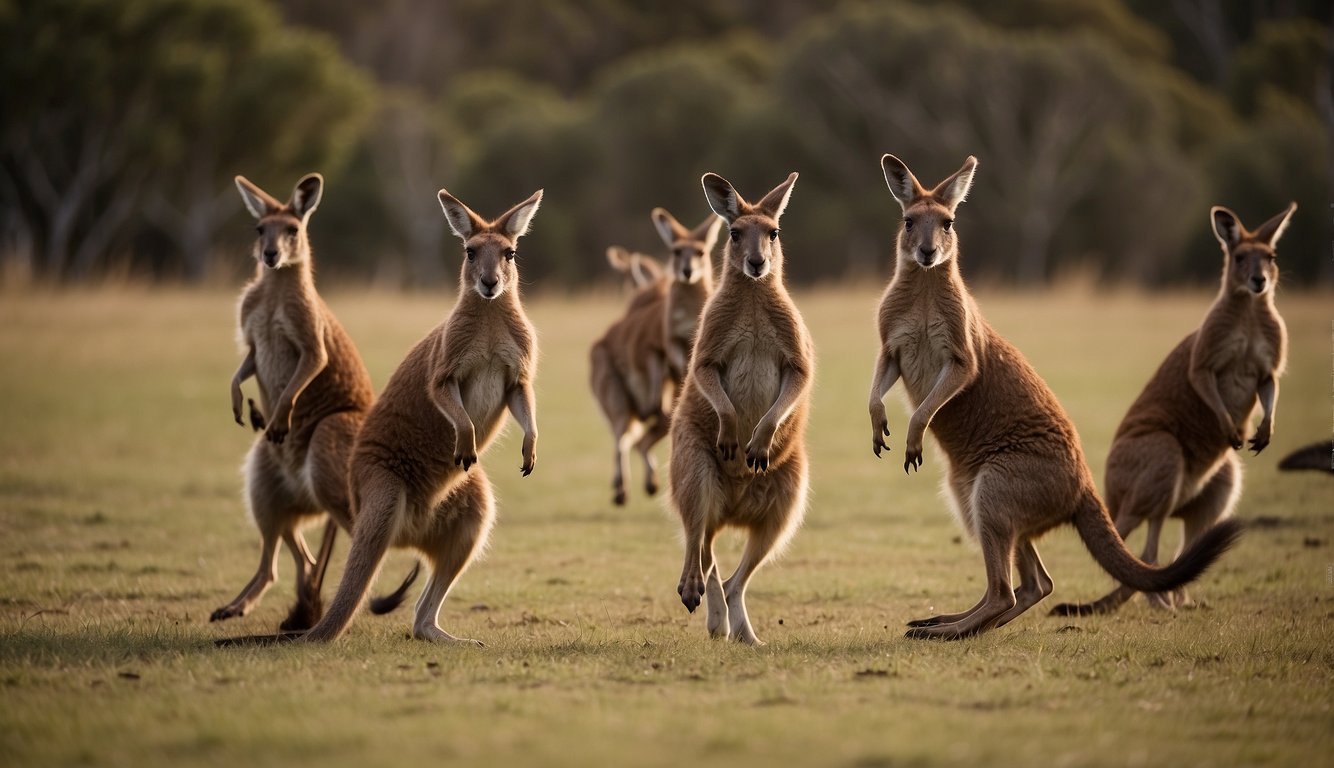 A group of kangaroos leaping gracefully across an open field, their powerful hind legs propelling them through the air with effortless grace and agility