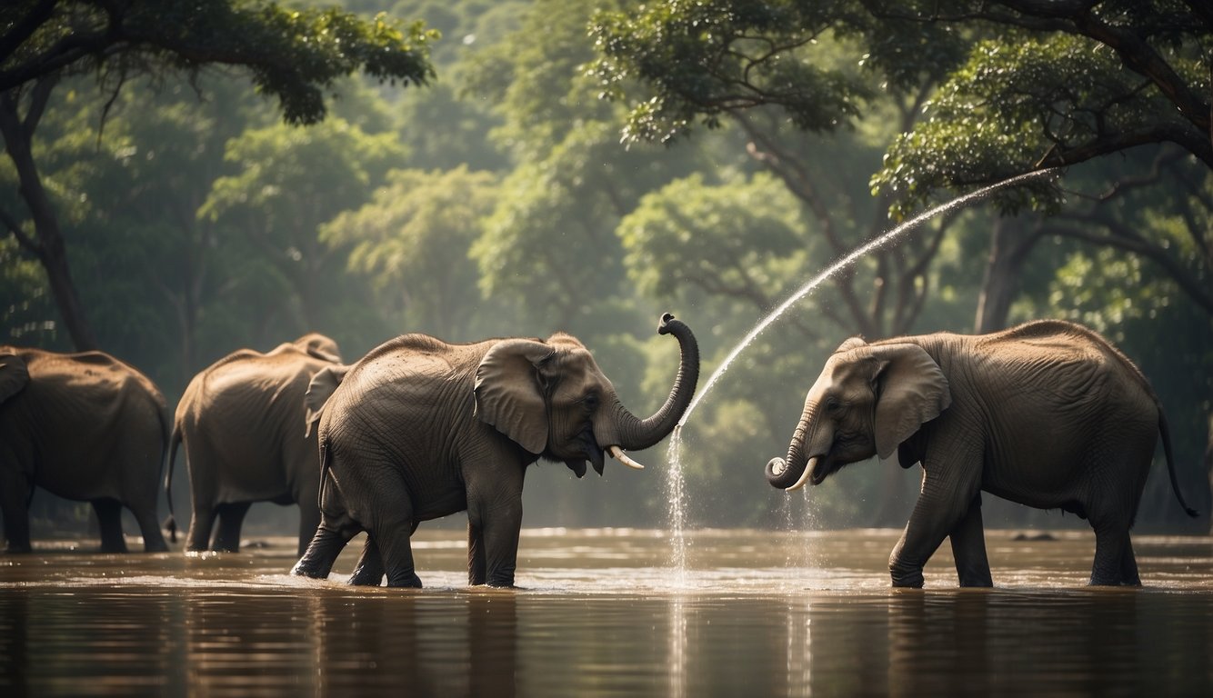 Elephants reaching high branches with their trunks, spraying water, and grasping objects with precision
