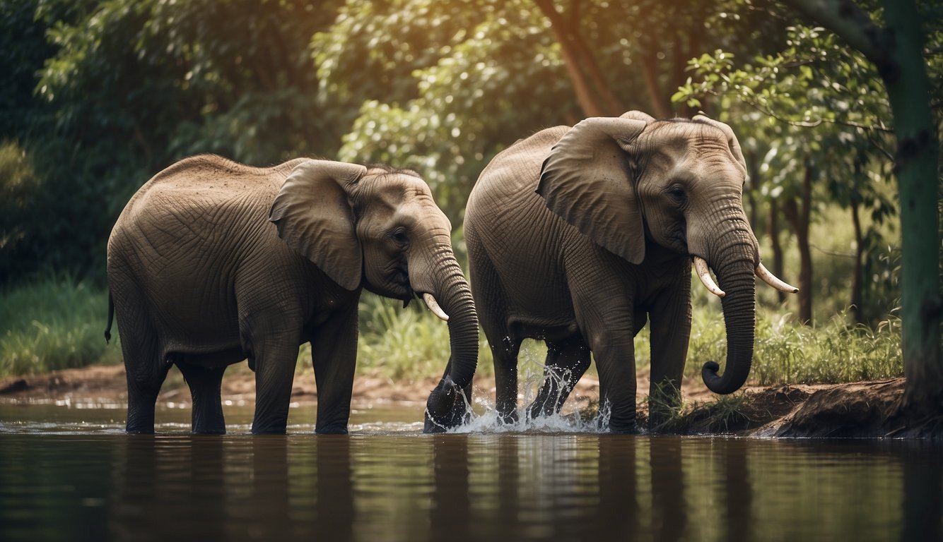 An elephant uses its trunk to gather water from a river, while also using it to grasp and eat leaves from a nearby tree