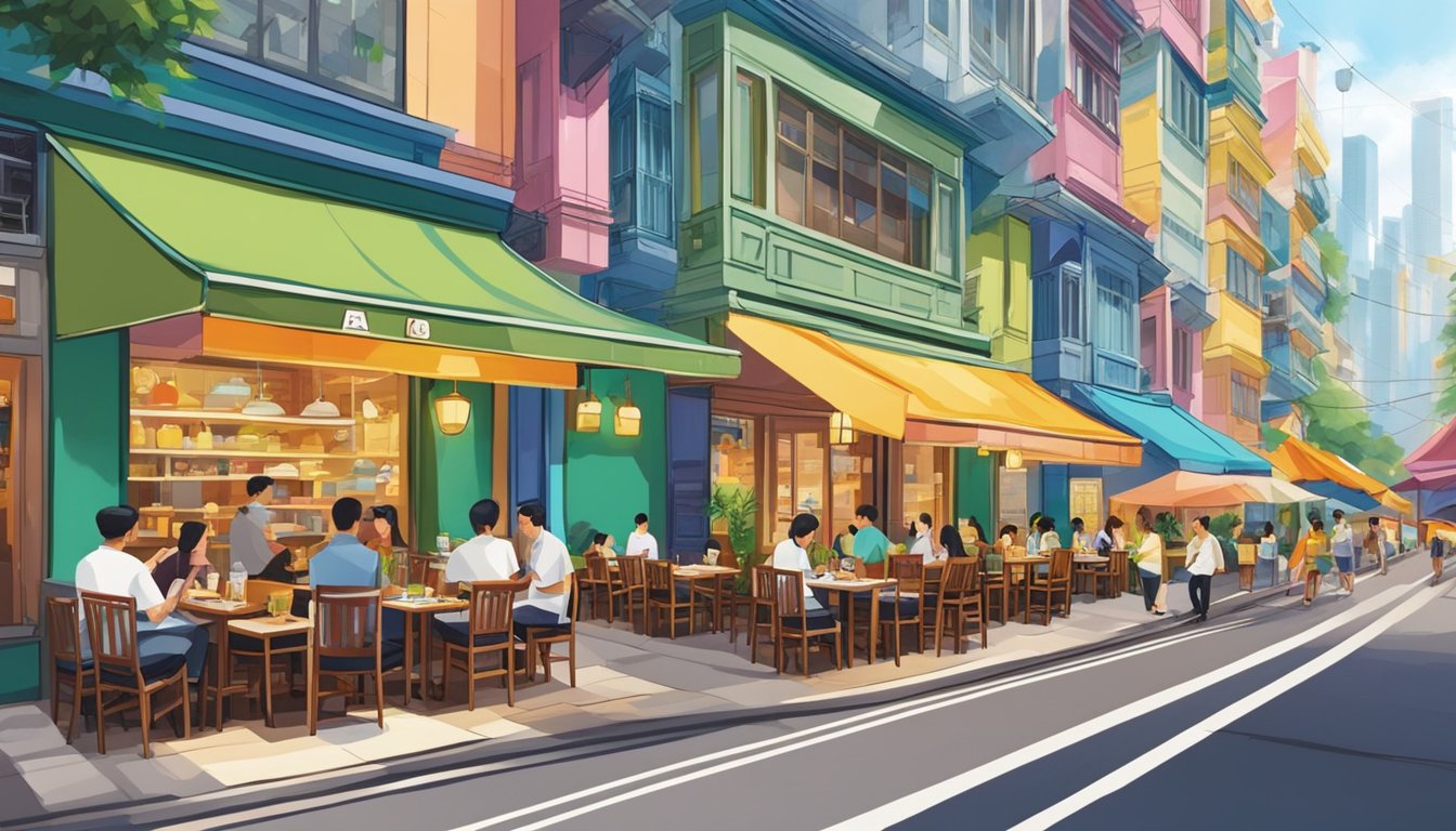 Vibrant outdoor scene of Amo Restaurant on Hong Kong Street, Singapore. Street lined with colorful buildings, outdoor seating, and bustling activity