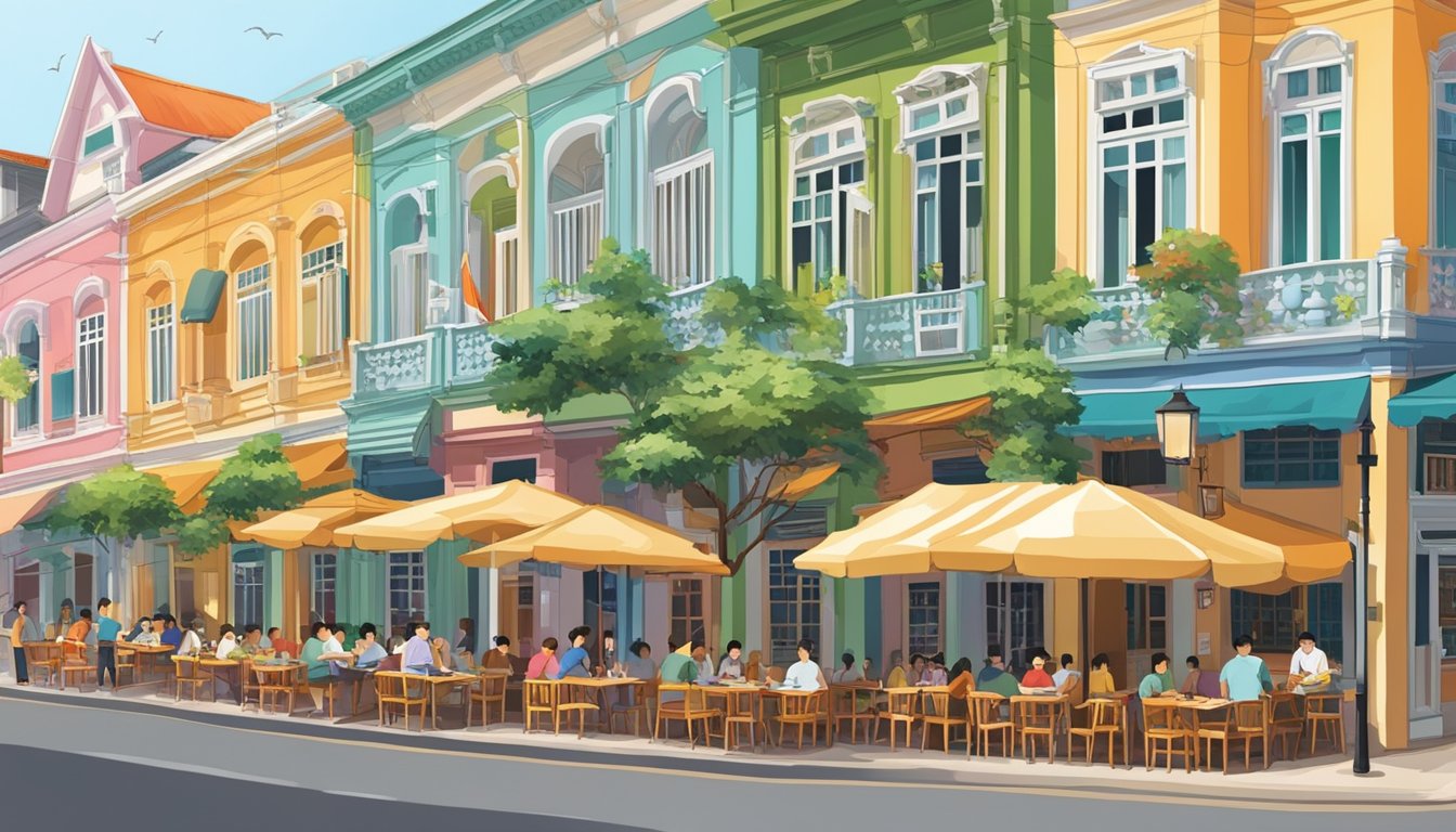 The bustling atmosphere of Best Restaurant Joo Chiat, with colorful facades and bustling outdoor seating, captures the vibrant energy of the neighborhood