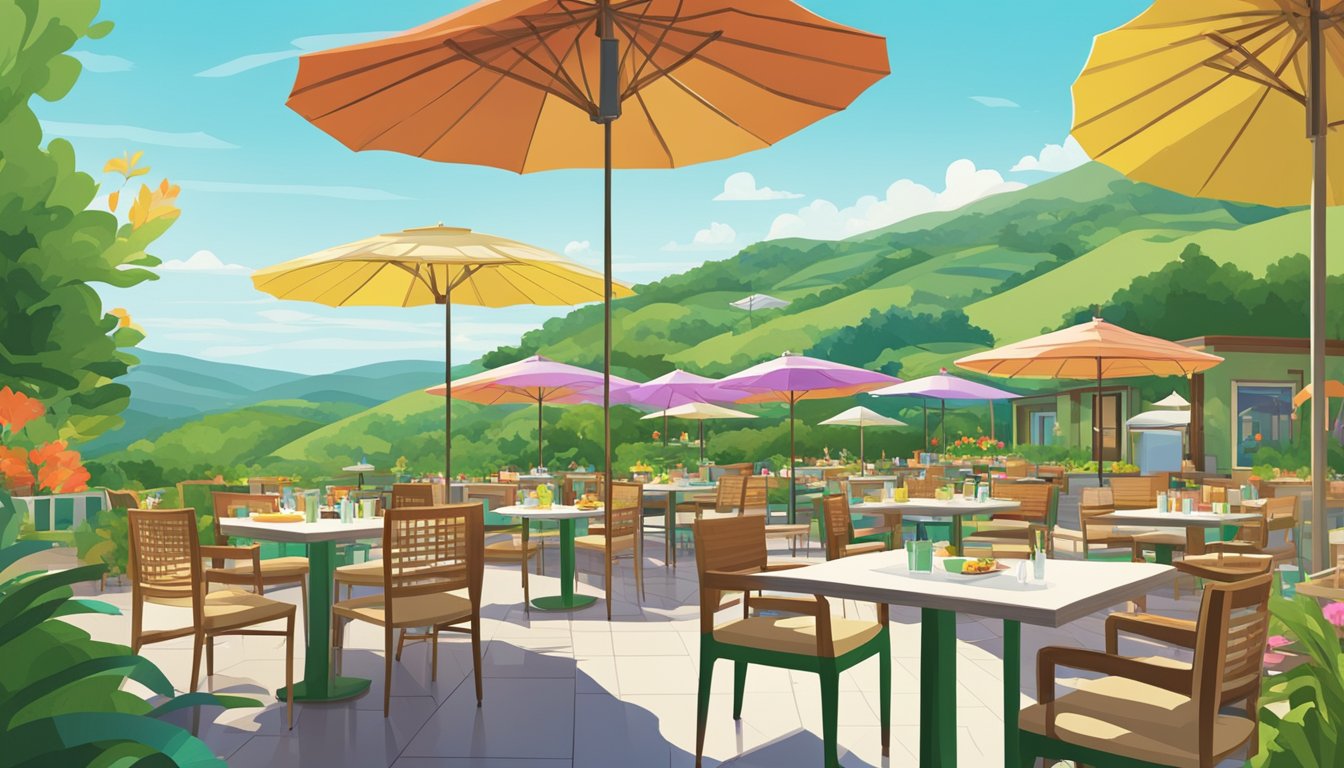 Emerald hills restaurants nestled among lush greenery, with outdoor seating and colorful umbrellas, surrounded by rolling hills and a clear blue sky