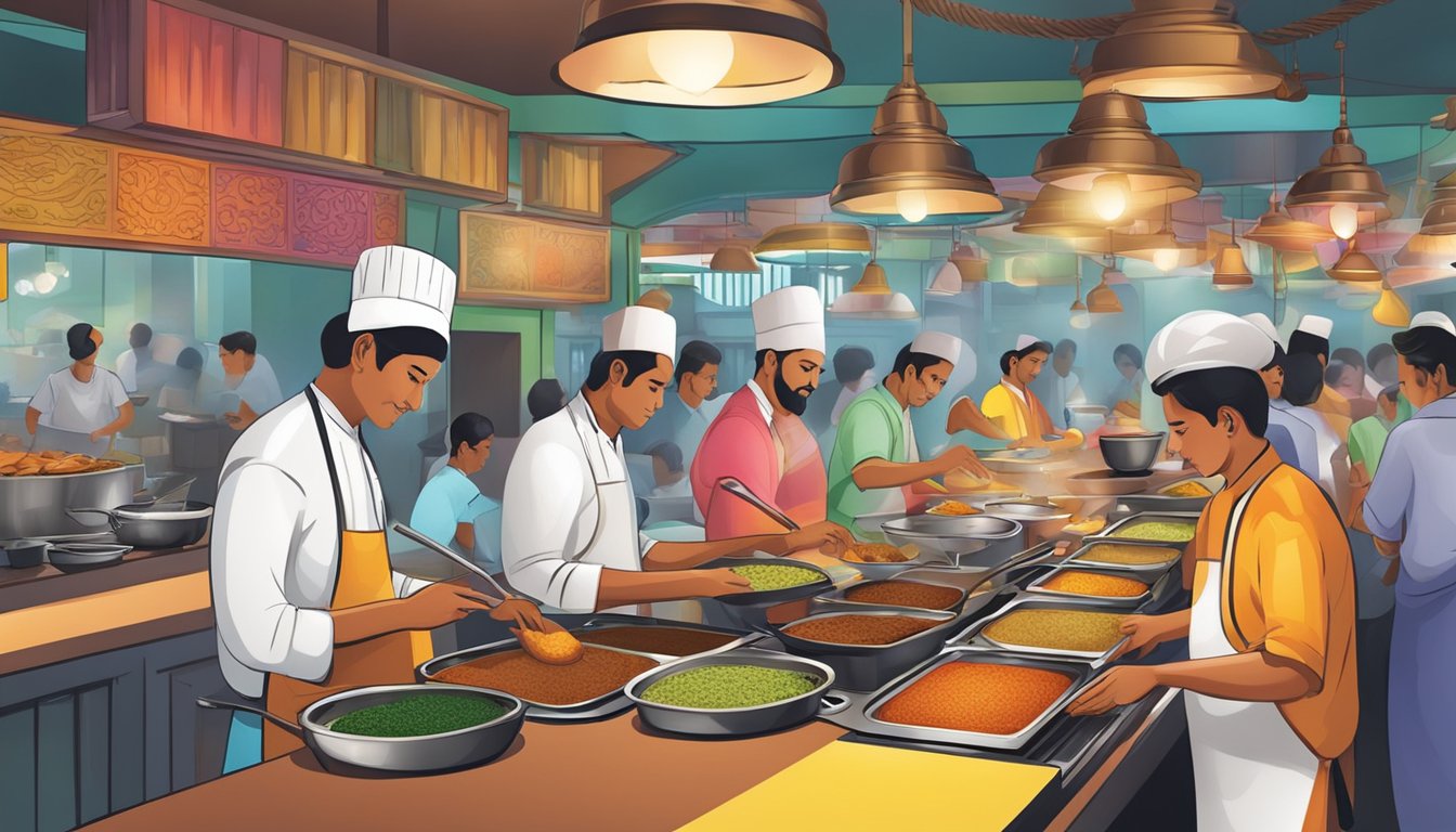 A bustling Bengali restaurant in Singapore, with colorful decor, aromatic spices, and sizzling pans on the stove