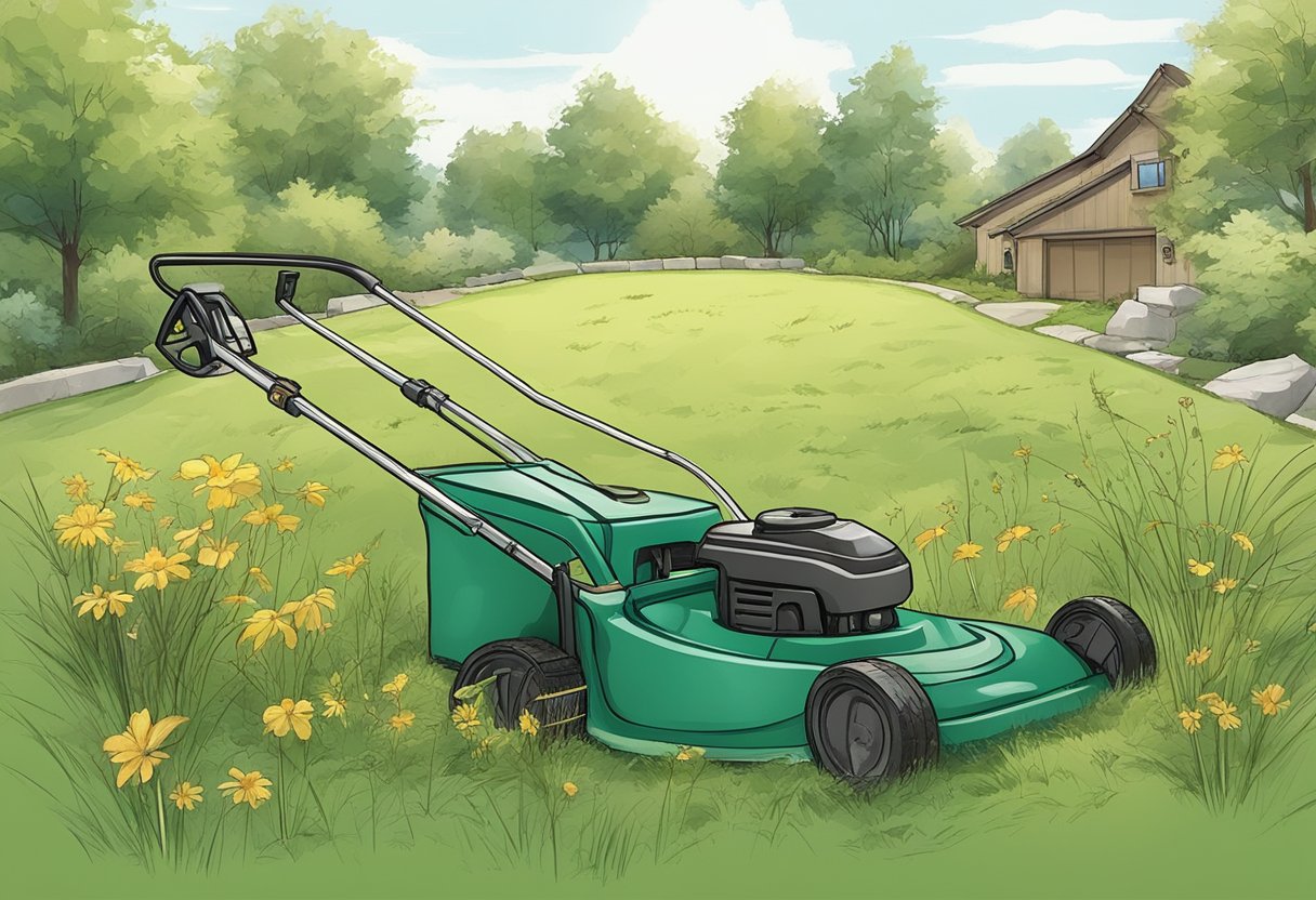 A lush green lawn with patches of yellowing grass, weeds, and bare spots. Tools and equipment scattered around for troubleshooting