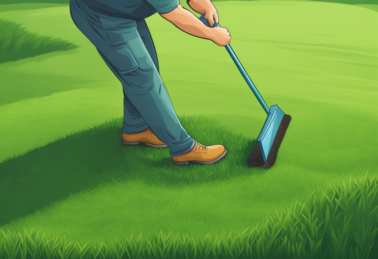 A lush green lawn with neatly trimmed edges and evenly mowed grass. A person inspecting the soil for signs of compaction or drainage issues