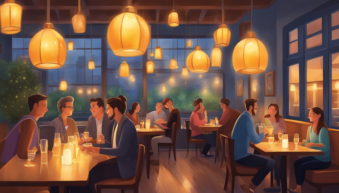 The warm glow of hanging lights illuminates the cozy interior of a bustling restaurant, where diners chat and clink glasses amidst the lively hum of conversation and sizzling aromas of delicious cuisine