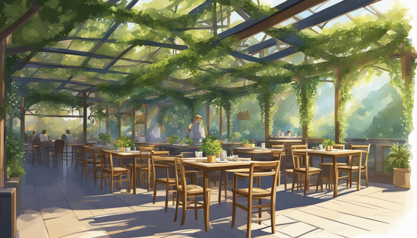 Lush greenery surrounds a quaint open-air restaurant with hanging vines and dappled sunlight filtering through the canopy