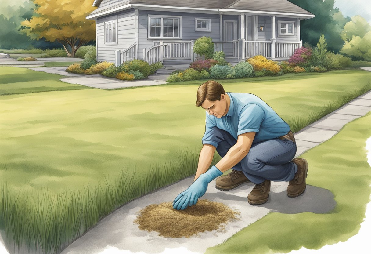 A person examining yellowing grass, compacted soil, and puddling water in a yard