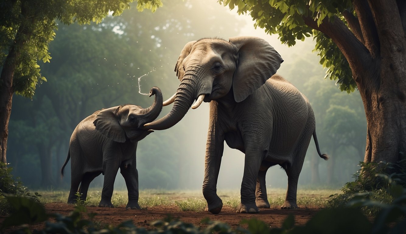 An elephant reaching up with its trunk to pluck leaves from a tall tree, while another elephant uses its trunk to spray water on itself