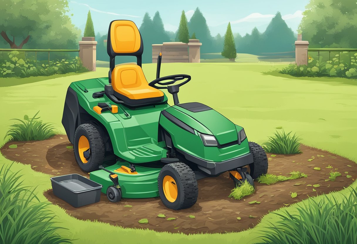 A lawnmower sits idle on a patchy lawn. A tangled mess of grass clippings clogs the blades. Nearby, a toolbox holds various tools for troubleshooting