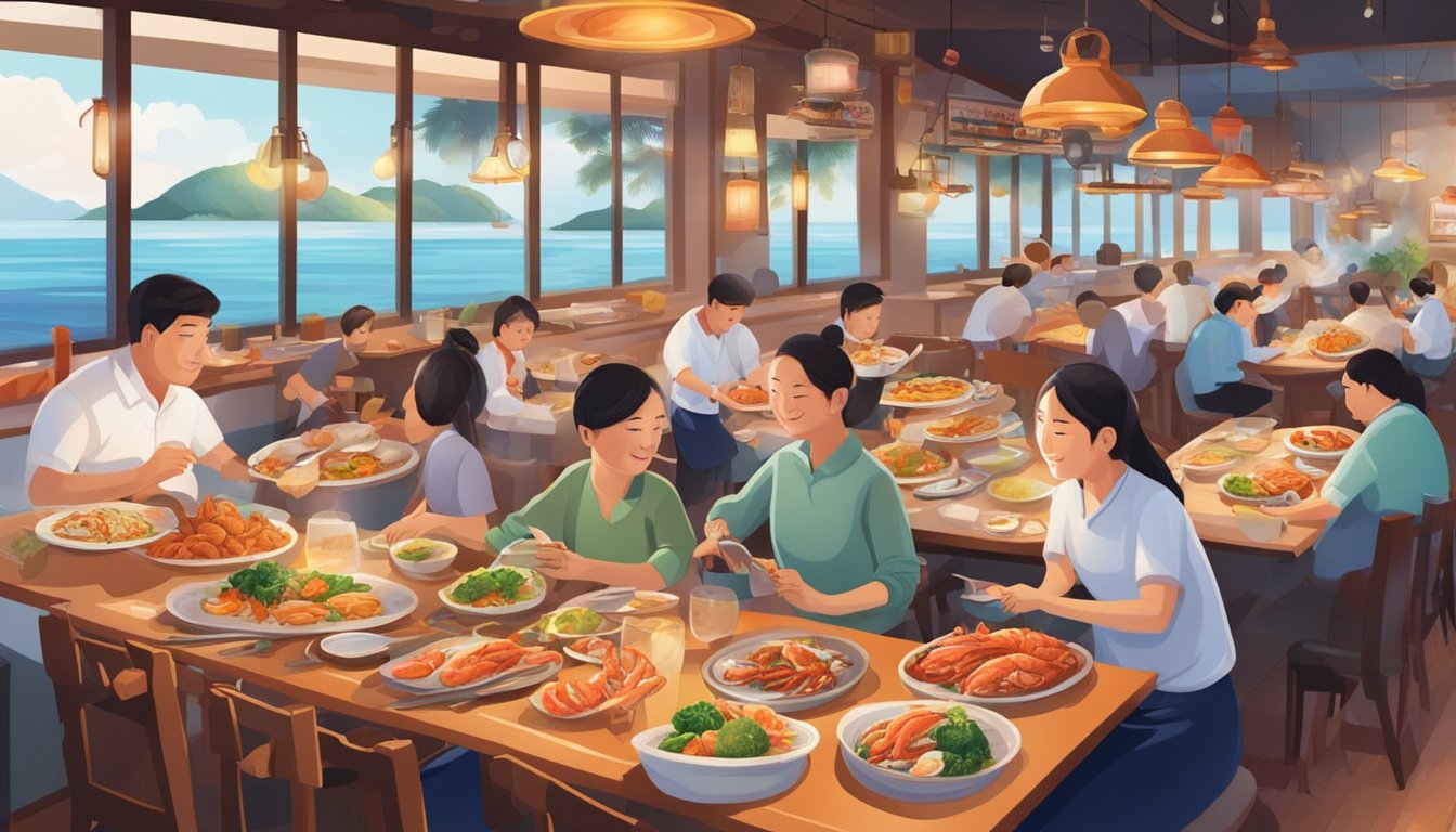 The bustling restaurant is filled with the aroma of sizzling crab dishes, steaming pots of seafood, and colorful plates of delicacies