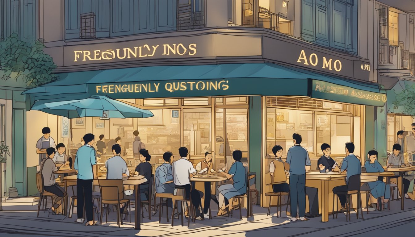 A bustling restaurant in Singapore's Hong Kong Street, with people dining and servers moving about. A sign outside reads "Frequently Asked Questions amo."