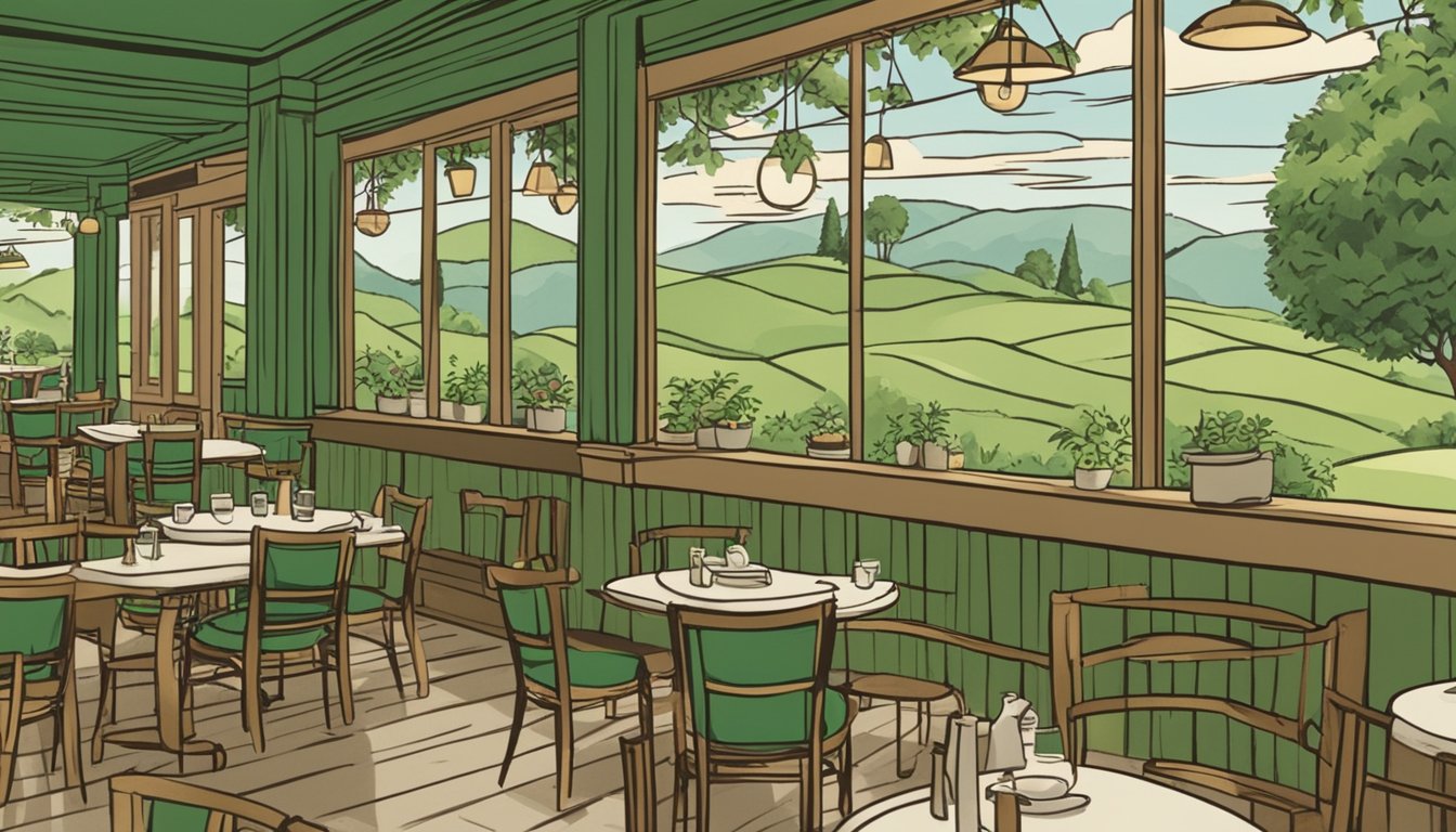 Lush green hills surround a quaint restaurant with a sign reading "Frequently Asked Questions" in bold letters. Tables and chairs are set up outside, inviting guests to enjoy the serene atmosphere