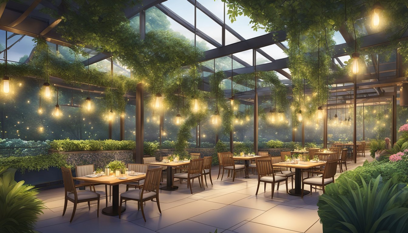 Lush greenery surrounds open-air dining area with hanging lights at Discover Canopy Garden Dining restaurant