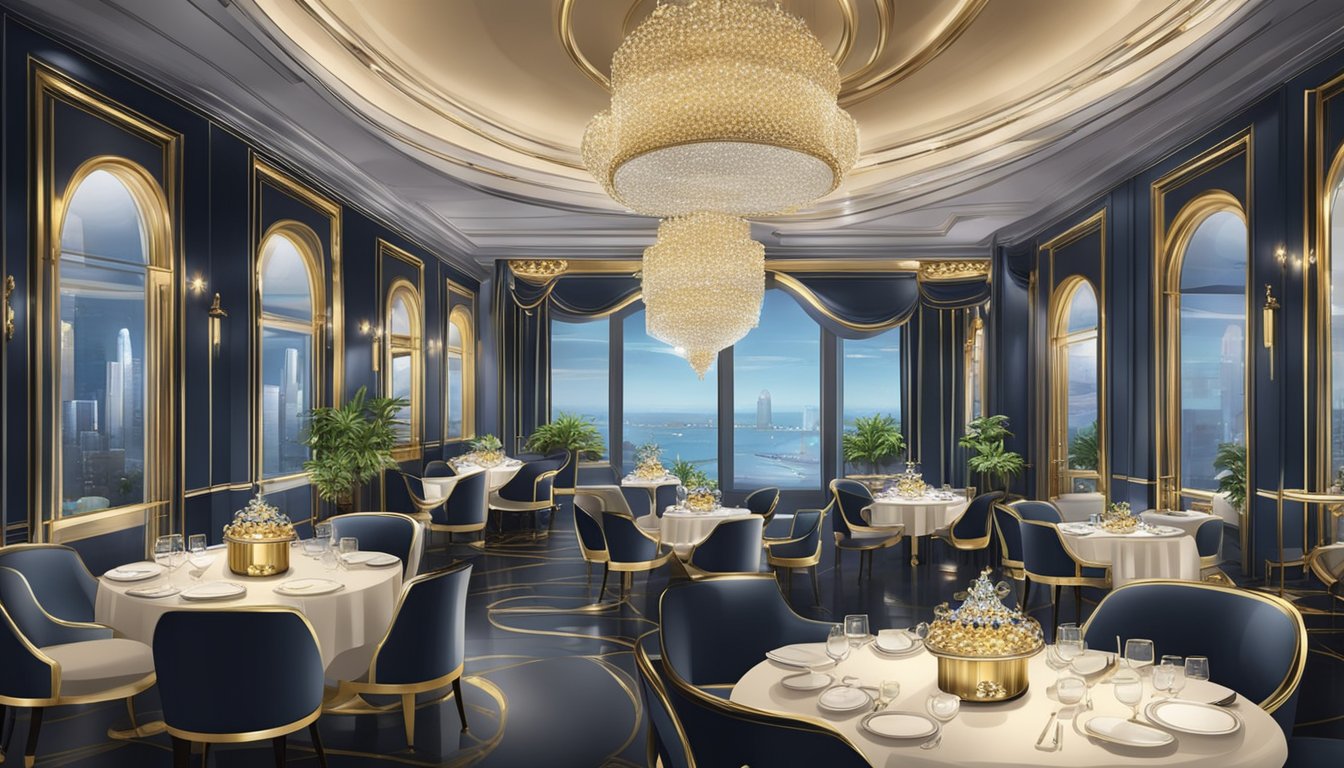 A luxurious caviar restaurant in Singapore, with elegant decor, sparkling chandeliers, and a display of premium caviar varieties