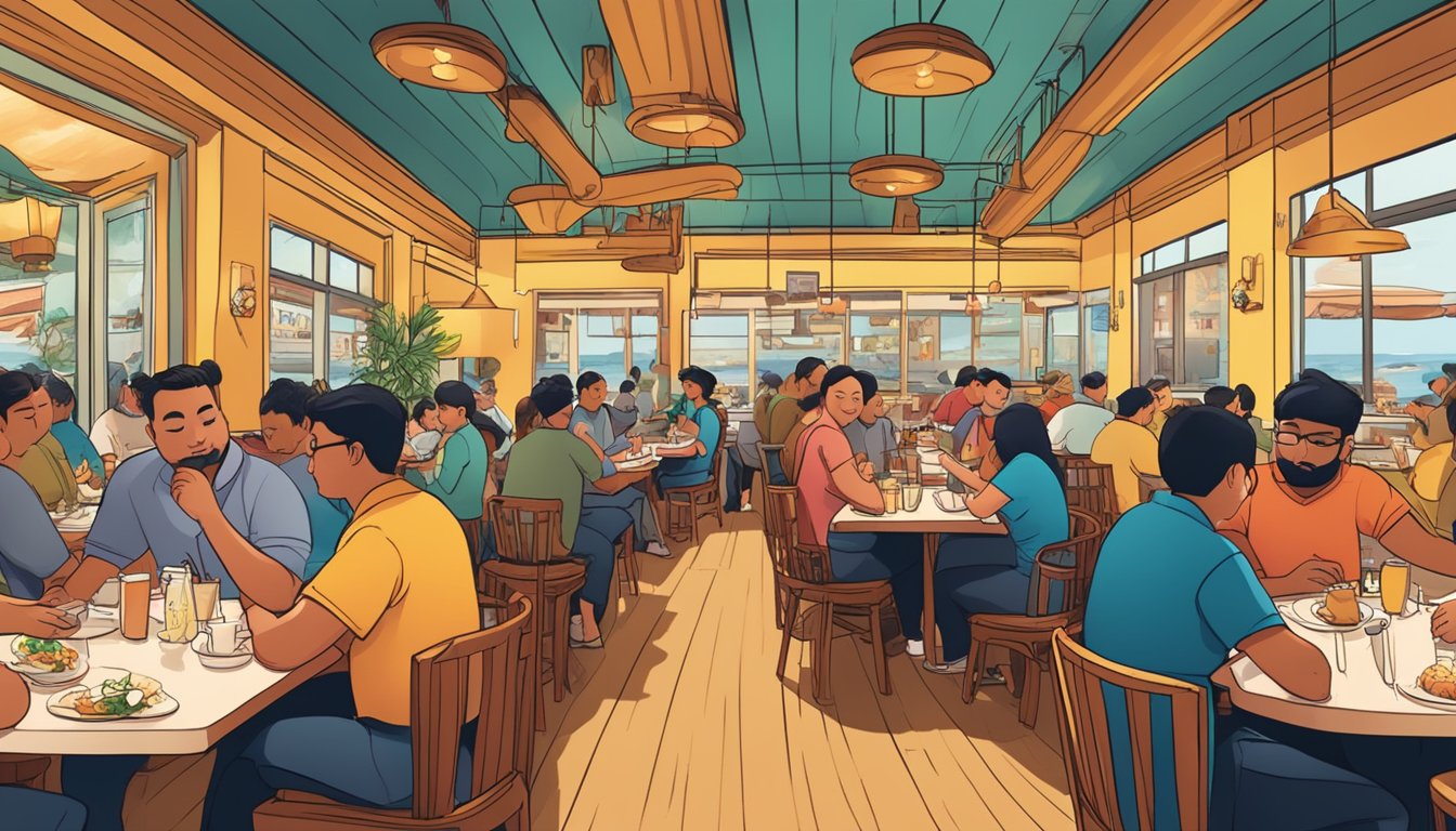 The bustling interior of Fatty Crab restaurant, with diners enjoying their meals, waitstaff weaving between tables, and the aroma of sizzling dishes filling the air