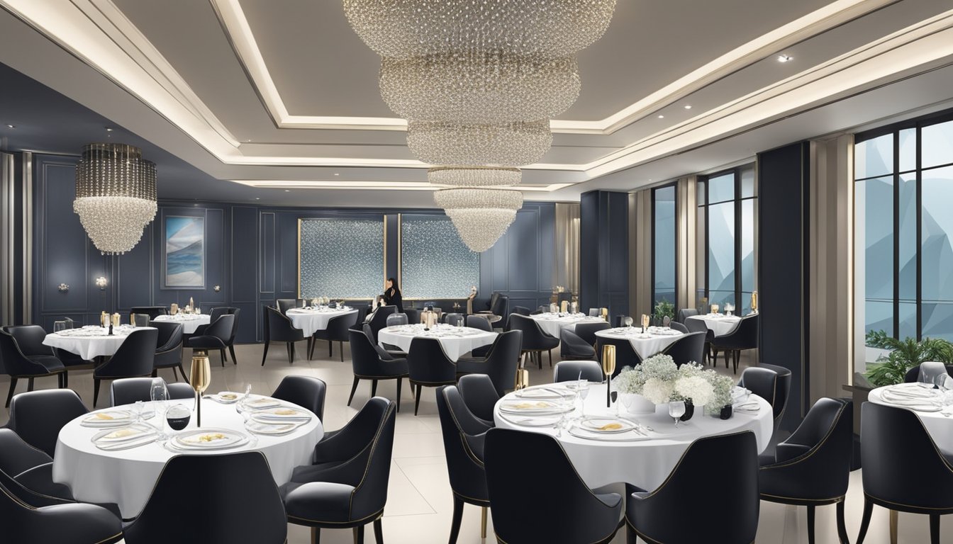 Customers savoring caviar at a sleek, modern restaurant in Singapore. Shimmering silver platters display an array of luxurious caviar varieties, accompanied by champagne and elegant table settings